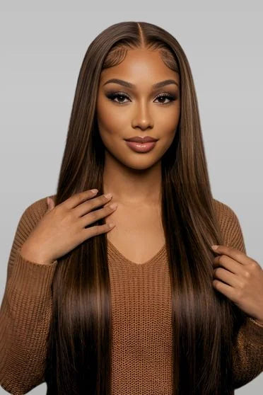 13x4 HD Lace Natural Brown Brazilian Virgin Wig - sleek straight human hair wig on model