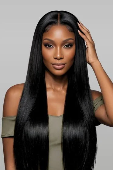 200% Density 13x4 HD Lace Front Wig - sleek straight human hair wig on model