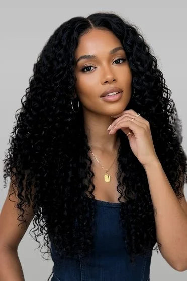 AA Brazilian Wavy Lace Front Wig - long curly black wig on model