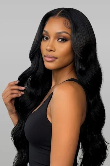 4x6 Natural Body Wave Closure Wig - front view on model with wavy human hair
