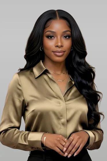 Woman wearing a gold satin shirt against a gray background