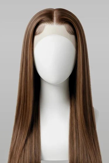 Brown wig on a mannequin head against a gray background