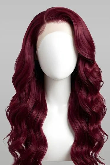 Mannequin head with burgundy wig on a gray background