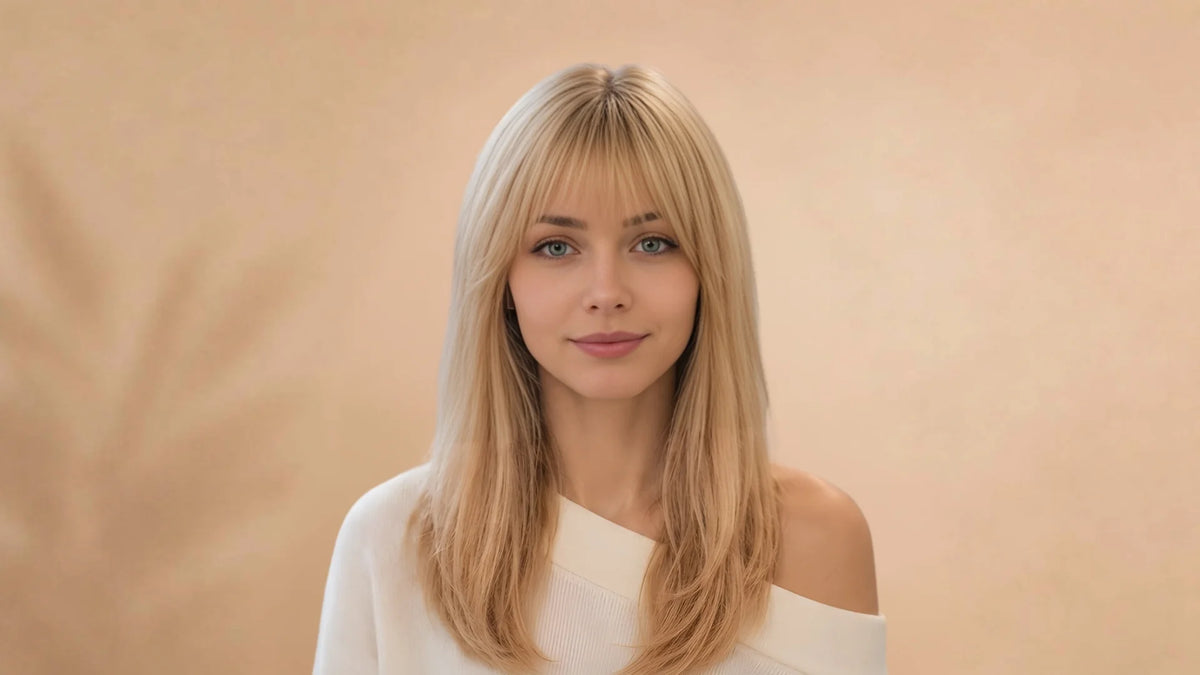 Before wearing Blonde Straight Layered Synthetic Wig with Bangs