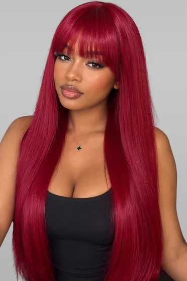 Light wine red long straight cosplay wig with bangs, front view on model
