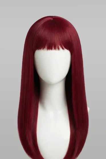 Light wine red long straight cosplay wig with bangs on mannequin head