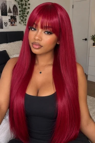 Woman wearing light wine red long straight wig with bangs, lifestyle photo