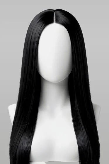 Black wig on a mannequin head against a gray background