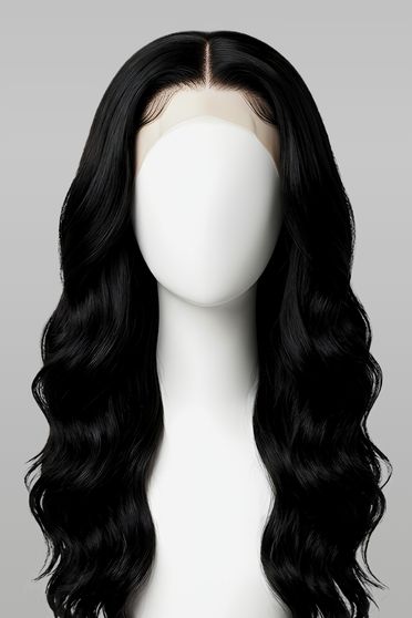 Black wig on a mannequin head against a gray background