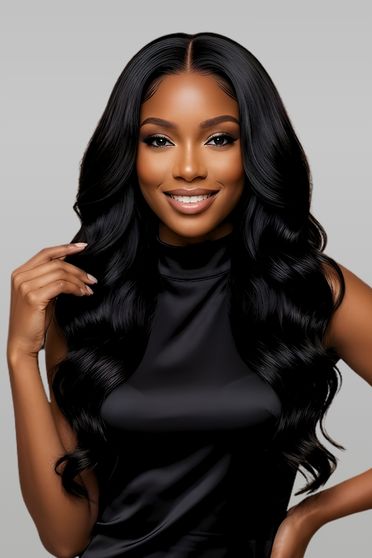 Woman with long, wavy black hair wearing a black dress against a gray background