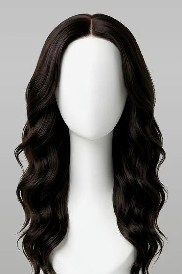 Mannequin head with long wavy dark brown hair on a gray background