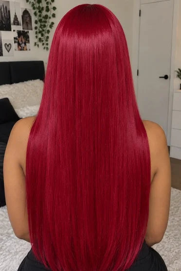 Back view of light wine red long straight wig showing full length