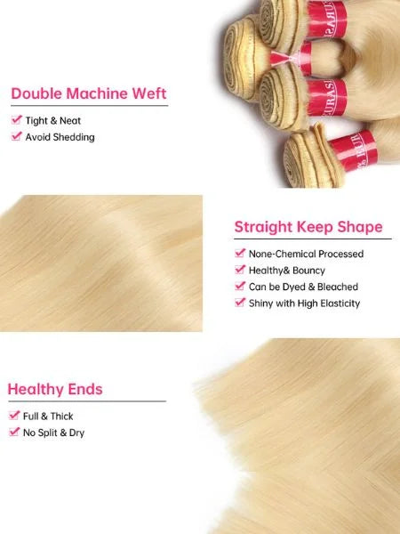 613 Honey Blonde Brazilian Straight Hair, Double Weft