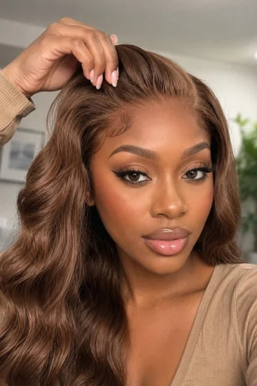Customer style image - Chocolate Brown 13x6 Body Wave HD Lace Human Hair Wig 200% Density