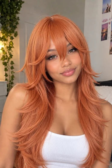 Striking Orange-Brown, Bangs Glam