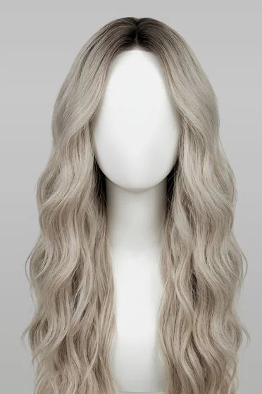 Blonde wig with wavy hair on a mannequin head against a gray background