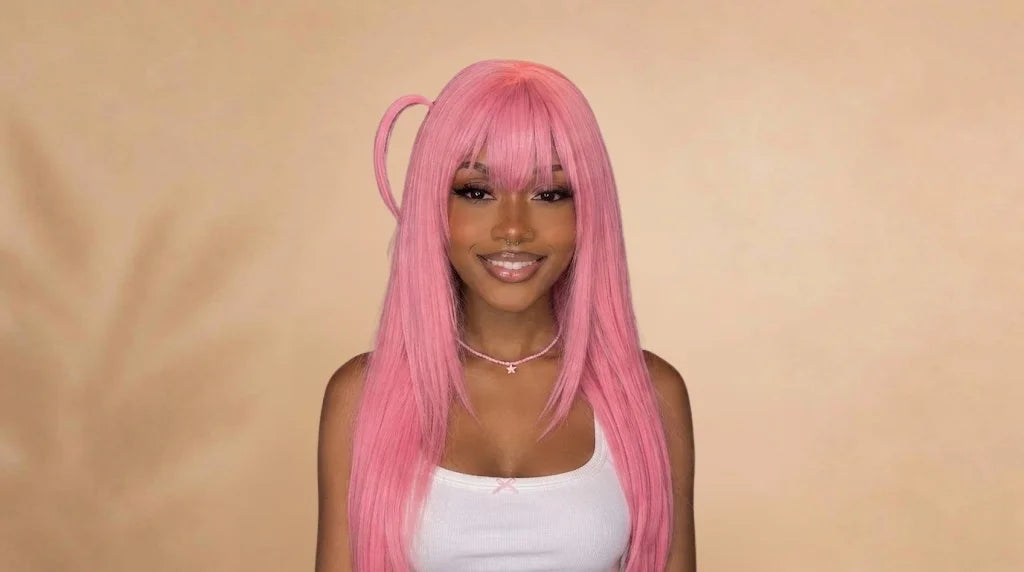 After wearing Hitori Gotoh Long Pink Anime Cosplay Wig