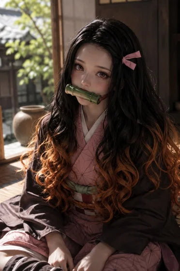 Kamado Nezuko Long Black & Gradient Orange Wave Cosplay Wig