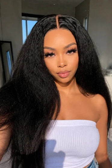 Kinky Straight V-Part Machine Made Glueless Wig