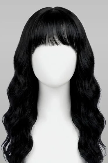 Black wig with wavy hair on a mannequin head against a gray background