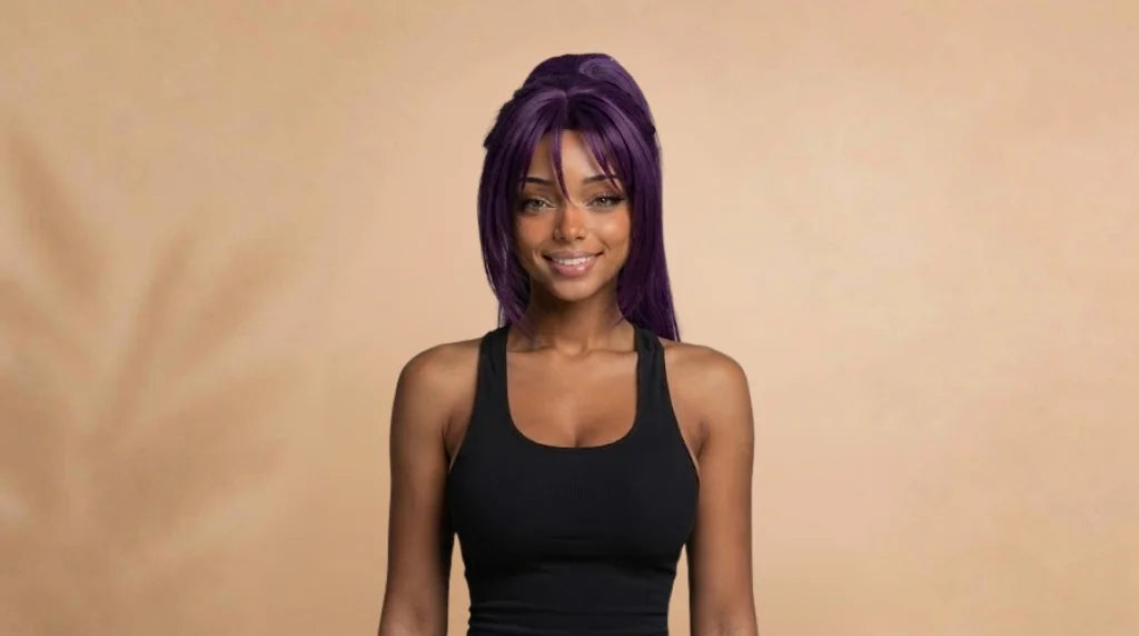After wearing Shihouin Yoruichi Purple Long Ponytail Cosplay Wig