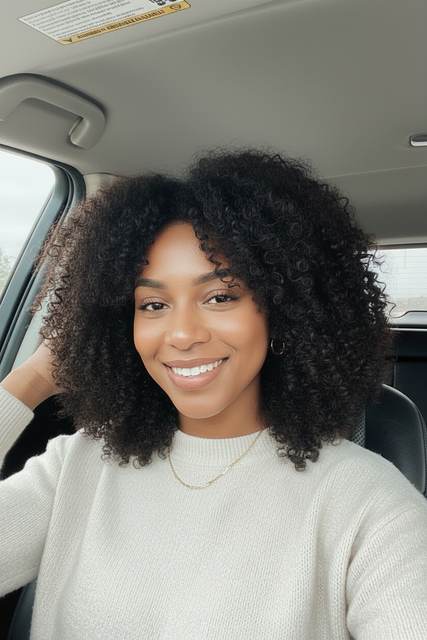 Woman with curly hair sitting inside a car, smiling.